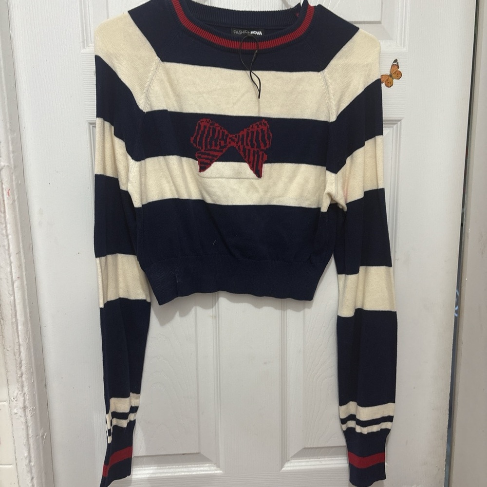 Fashion Nova Navy and Cream Striped Sweatshirt